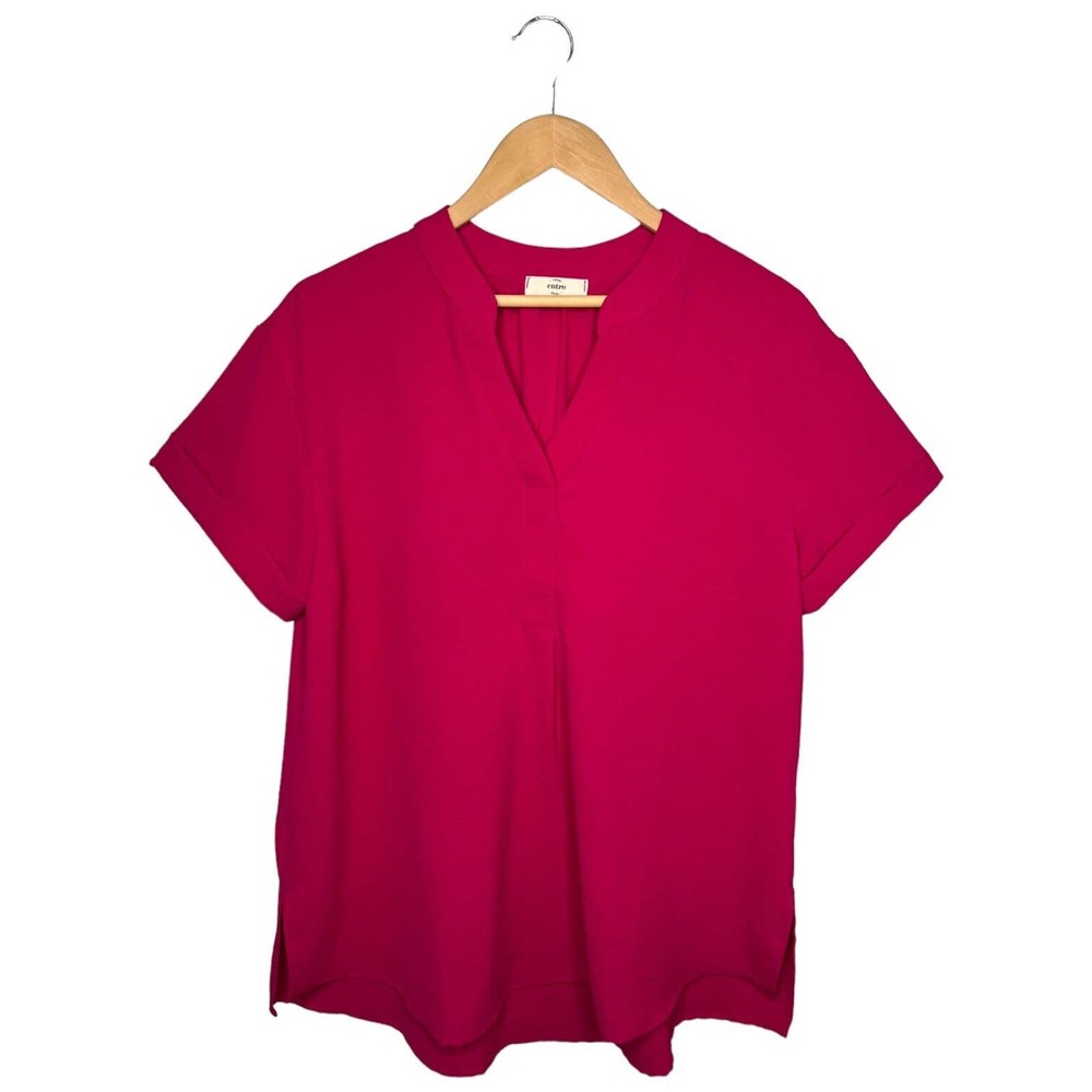 Entro Boutique Short Rolled Sleeve V Neck Floaty Split Side Popover Pink S